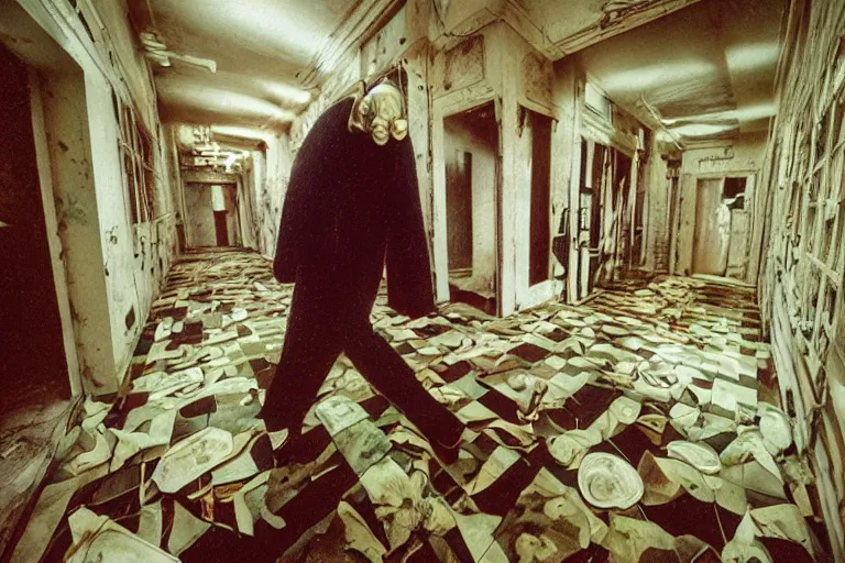 Prompt: 35mm color lomography, last photo, portrait, fashion shoot, weird, random, strange, spooky, hyperdetailed, photorealistic, high fashion, interesting, abandoned mental hospital, david cronenberg, by Jacek Yerka ,Mariusz Lewandowski