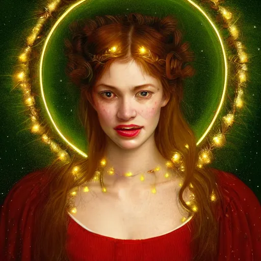 Image similar to a totally amazed smiling pretty woman surrounded by golden firefly lights in a mesmerizing scene, fully covering intricate detailed bohemian outfit, long loose red hair, precise linework, accurate green eyes, small nose with freckles, beautiful smooth oval head, expressive emotions, hyper realistic ultrafine portrait by artemisia gentileschi, jessica rossier, greg rutkowski, artgerm