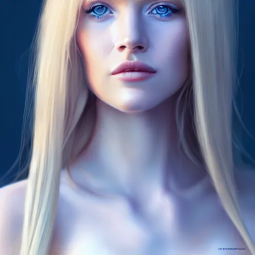Prompt: portrait of a woman with long blonde hair, blue eyes, white dress, elegant, beautiful, highly detailed, perfect face, stanley artgem lau, artstation trending, concept art, realistic, 8k