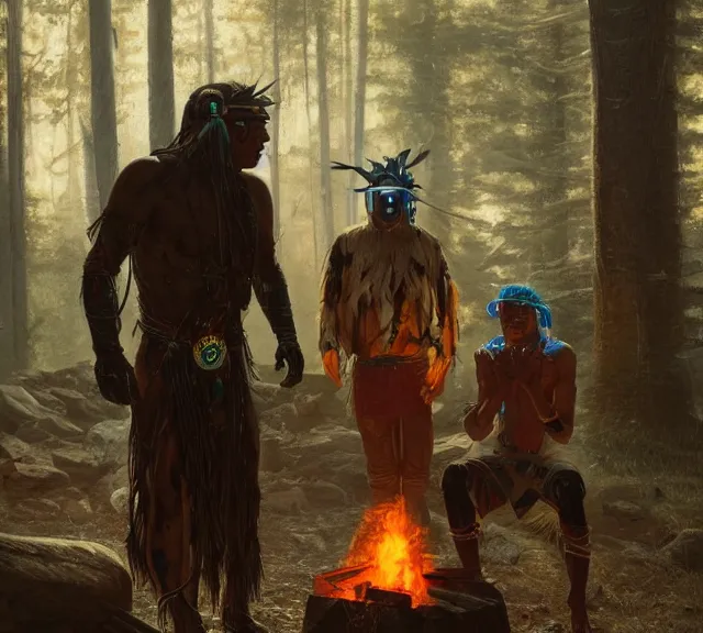 Image similar to a cybernetic man from the future is shaking hands with a native american man in traditional headress, lighting from a campfire in, mutual respect, by greg rutkowski, by ilya repin, extreme detail, 8 k, wide shot