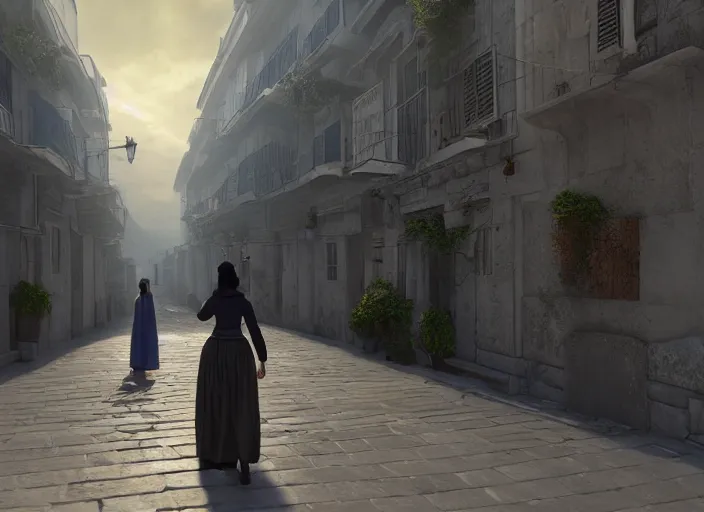 Image similar to a woman in a fed skirt walking the narrow streets of athens, painted by, mc escher, gordon onslow ford, georgia o'keeffe and ivan aivazovsky, cinematic light, god rays, colourful, unreal engine, zbrush central,