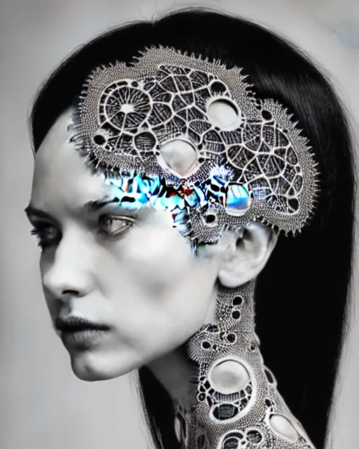 Image similar to surreal black and white photo portrait of complex biomechanical young female cyborg with a mandelbrot fractal metal fine lace face, silver hair, 150 mm lens, soft rim light, fine metal floral foliage super big lace collar, Alexander McQueen, high fashion, haute couture, rococo, steampunk, silver filigree details, anatomical, facial muscles, cable wires, microchip, elegant, hyper realistic, octane render, unreal engine, by Man Ray and Dora Maar, volumetric lighting, 8k,