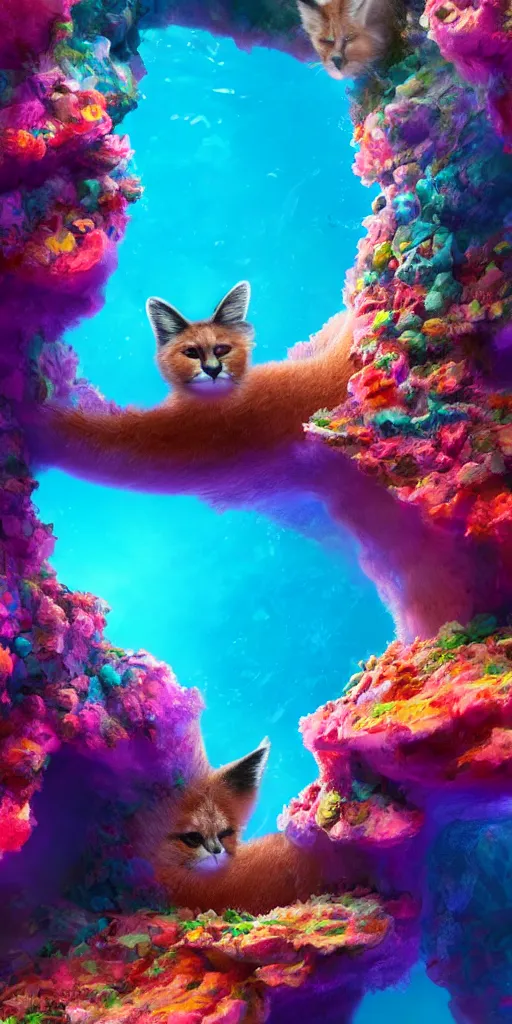 Prompt: of a colorful under water cave with swimming cute fluffy caracals, sandy coral, in the style of gehry and gaudi, macro lens, shallow depth of field, ultra detailed, digital painting, trending artstation, concept art, illustration, cinematic lighting, photorealism, epic, octane render