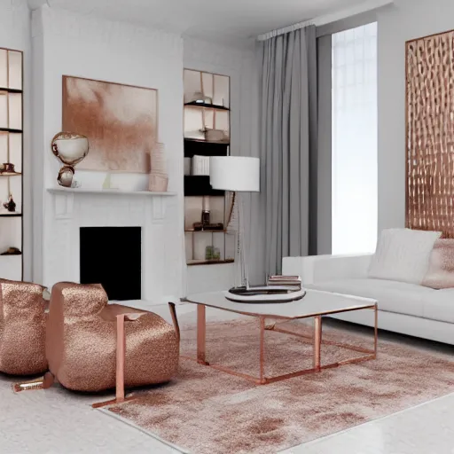 Image similar to 3 d render of white living room with rose gold metallic accents