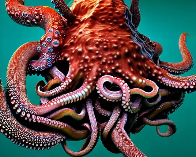 Image similar to hyperrealism photography in araki nobuyoshi dramatic scene from movie the big lebowski style computer simulation visualisation of detailed octopus riding eating human in the detailed ukrainian village in rendered in mandelbulb 4 d