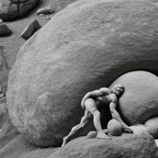 Prompt: sisyphus and the eternal boulder statue but with covid molecule instead of a boulder