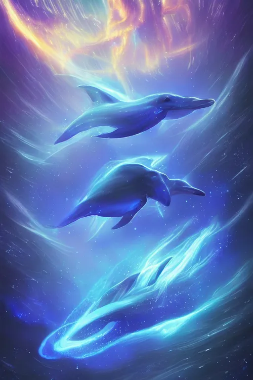 Image similar to Ethereal blue fire dolphins flying through a nebula, Sirius star system, star dust, cosmic, magical, shiny, glow,cosmos, galaxies, stars, outer space, stunning, by andreas rocha and john howe, and Martin Johnson Heade, featured on artstation, featured on behance, golden ratio, ultrawide angle, hyper detailed, photorealistic, epic composition, wide angle, f32, well composed, UE5, 8k