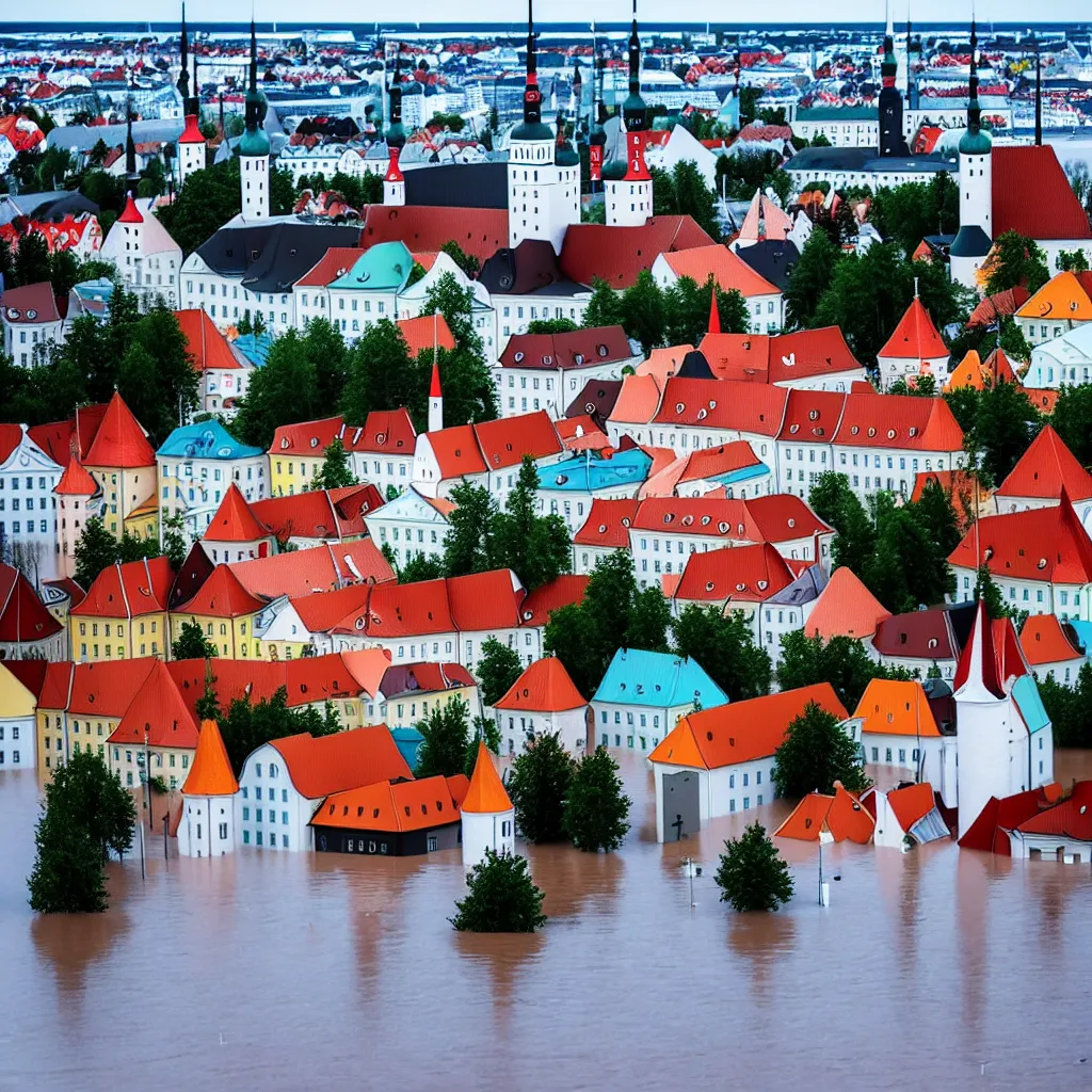 Image similar to Tallinn, capital of estonia, suffering from floods from the sea due to climate change in the year 2100, the citizens of Tallinn are shocked, street photography, ultra detailed, 40mm focal lense, flash at noon, 8k,