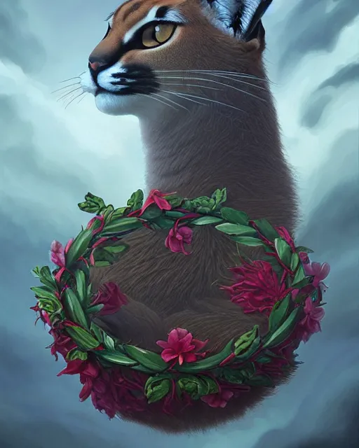 Image similar to a laurel wreath on top of a head of fluffy caracal, photography of kurzgesagt, no people, deep focus, d & d, intricate, elegant, highly detailed, digital painting, artstation, concept art, matte, sharp focus, illustration, hearthstone, art by artgerm and greg rutkowski and alphonse mucha