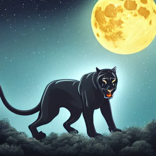 Image similar to a panther roaring at the moon in a forest during the night, large moon in the center. high quality. artistic. illustration. 4 k. cinematic. photoreal. highly detailed. dramatic. dark colors. night.