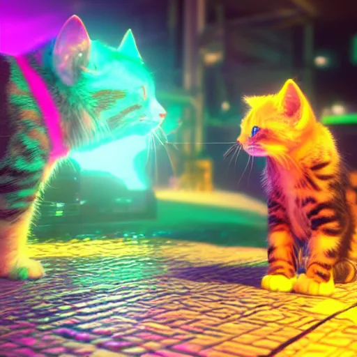 Image similar to fluorescent and iridescent, neon kittens cyperpunk 2 0 7 7, unreal engine 5, 8 k ultra realistic, hyperdetailed, volumetric lighting, extremely high quality
