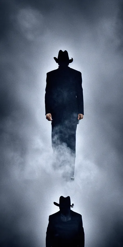 Image similar to mysterious man in black suit and black hat, he has a pistol, smoke, fog, mysterious, 4 k, highly detailed, digital art, strong shadows, high contrast, epic scene, atmospheric, blue colours, old photograph