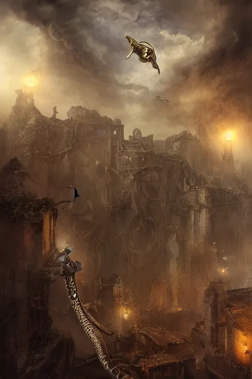 Prompt: Abstract tech action scene of a steampunk snake flying over ruins by night, horror, volumetric clouds and fog, focus, detailed, realistic eyes looking at camera, symmetric body features proportions, intricate details, award winning, unreal render, by Tom Bagshaw