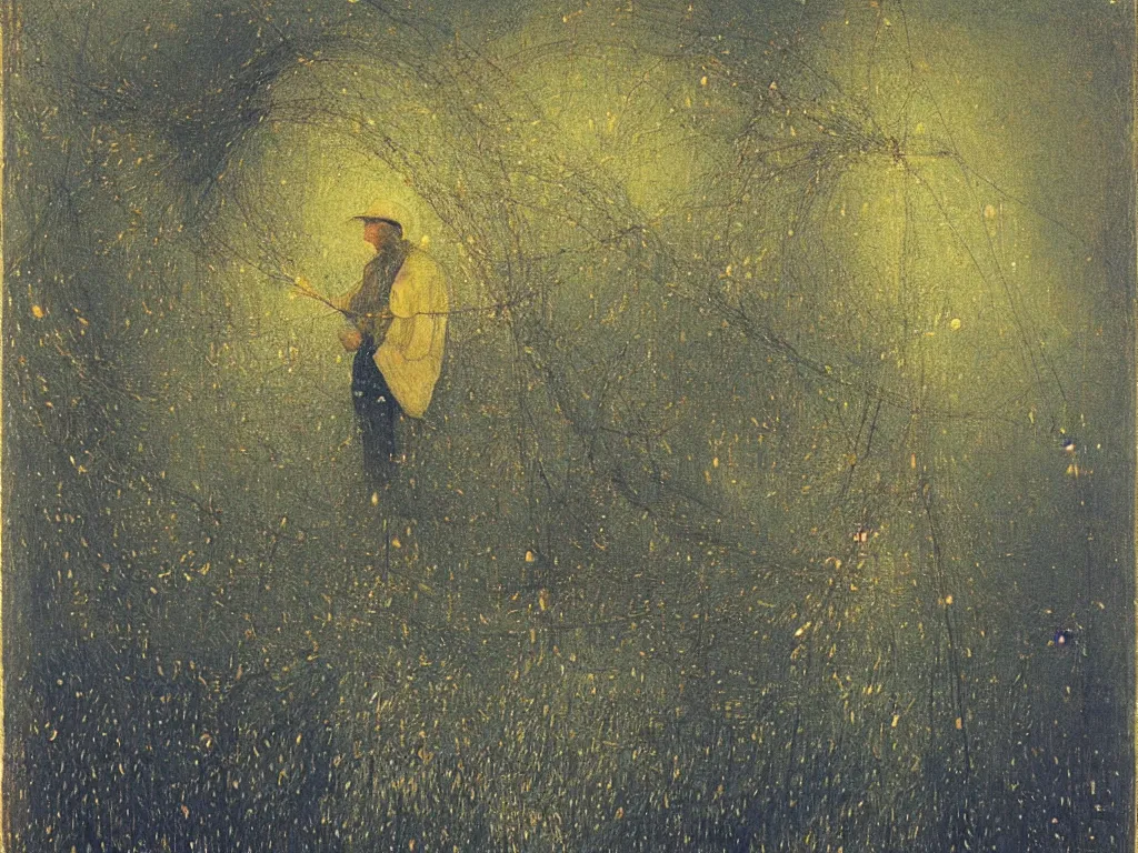 Prompt: painting by mikalojus konstantinas ciurlionis, bosch. portrait of fisherman with net at night with fireflies
