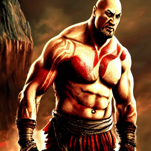 Image similar to The Rock as Kratos, with a background based on the game God of War, detailed face