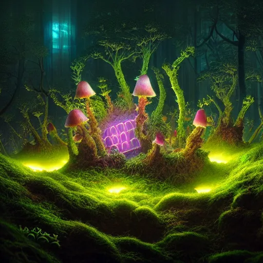 Image similar to a beautiful macro photography of luminescence moss with fungus and neon mushroom with real little bugs and giant ants, hyper detailed, warm volumetric lights, made by gerald brom and mike winkelmann, photorealism