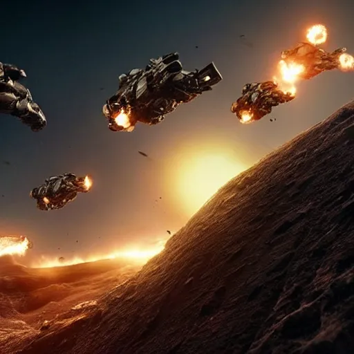 Image similar to wide angle action shot of enhanced super soldiers with jet packs flying over craters and trenches, highly detailed, highly textured, atmospheric, night, explosions futuristic, from the movie Dune (2021)