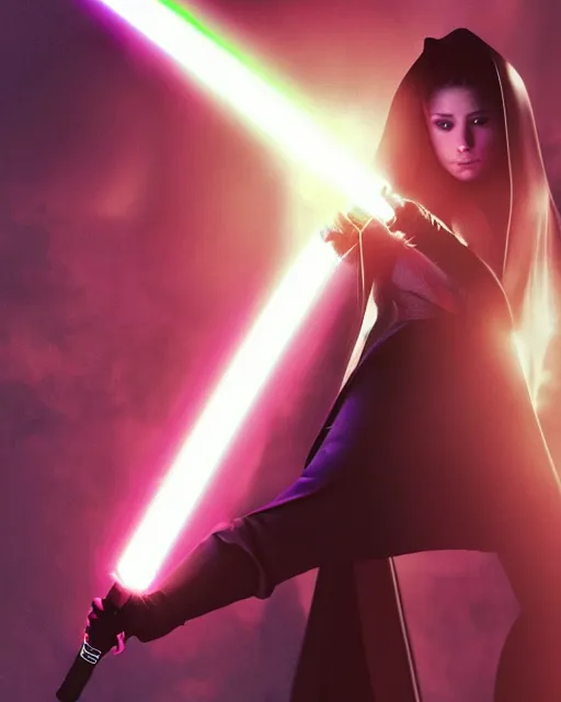 Image similar to Award winning, beautiful photo of Ariana Grande as a Sith lord igniting her light saber, Star Wars concept art by Colin Cantwell, Dramatic Lighting, Cinematic Lighting, Artstation, volumetric fog, action photography, hyper-realistic, 8K resolution, 4K resolution