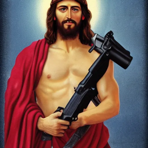 Image similar to Jesus Christ as Rambo holding a large gun with one hand, full body, photography, 4K