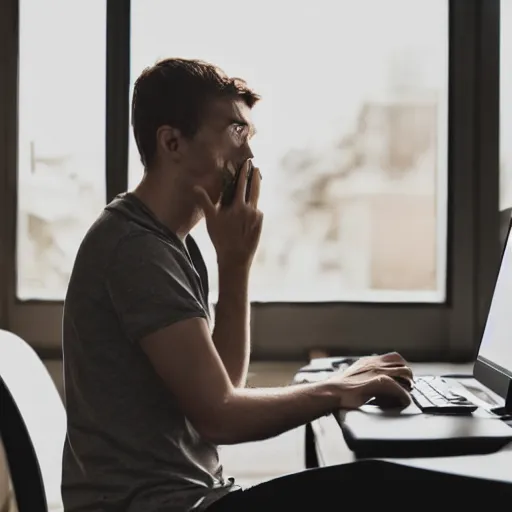 Image similar to human sitting in front of computer, but human is dinosaur, photorealistic, 5 5 mm