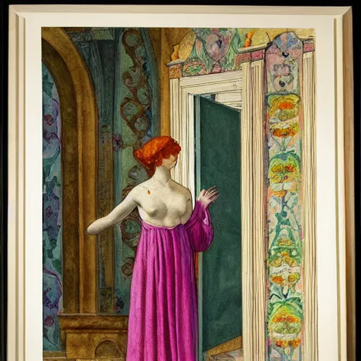 Prompt: a goddess in a liminal room, watercolor by leon battista alberti, limited color palette, very intricate, art nouveau, highly detailed, lights by hopper, soft pastel colors, minimalist