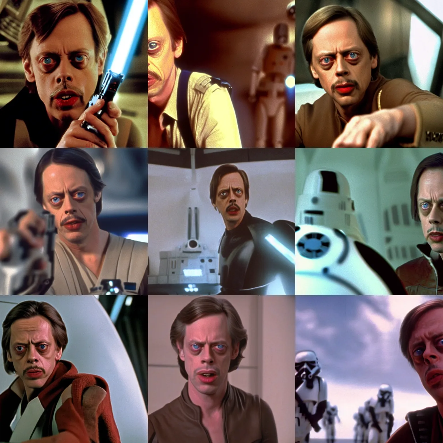 Prompt: film still of steve buscemi in star wars ( 1 9 7 7 )