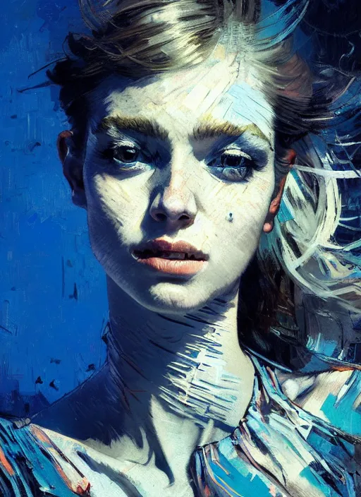 Image similar to portrait of beautiful girl, ecstatic, dancing, eyes closed, shades of blue and grey, new yotk backdrop, beautiful face, rule of thirds, intricate outfit, spotlight, by greg rutkowski, by jeremy mann, by francoise nielly, by van gogh, digital painting