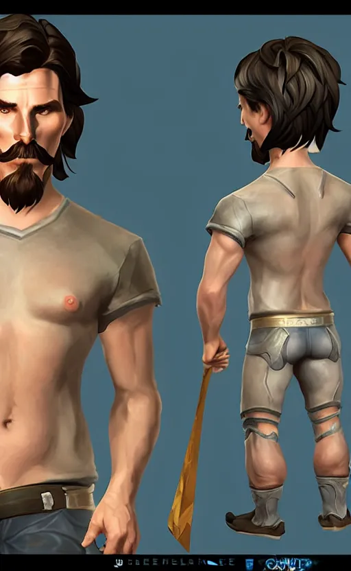 Image similar to Christian Bale as a character in the game League of Legends, with a background based on the game League of Legends, detailed face, old 3d graphics