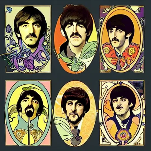 Image similar to the Beatles in the style of Alphonse Mucha