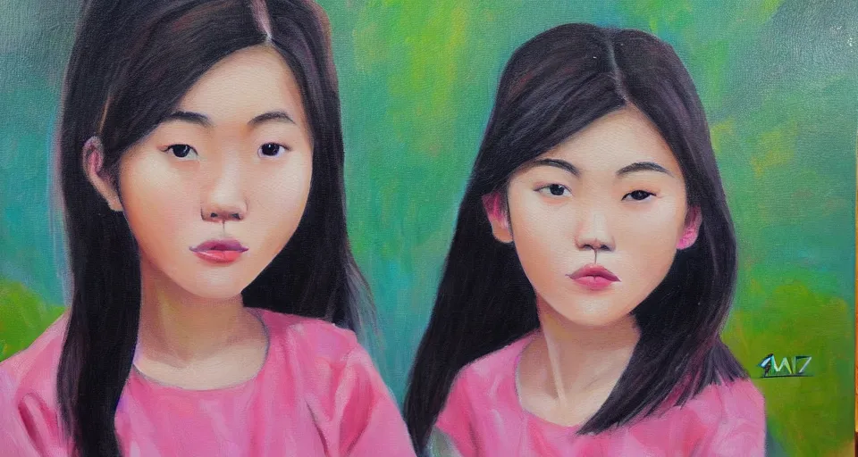 Image similar to a gen z teenage asian girl, oil painting by mai trung thu