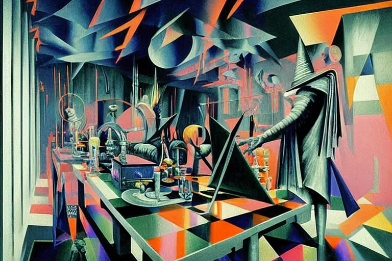 Image similar to a highly detailed beautiful masterpiece painting of a technomancer wizard in dazzle camouflage robes with pointed hood tampering with the world engine in his laboratory near a computer by Remedios Varo and Anato Finnstark and Greg Rutkowski and Andy Warhol and Francis Picabia, dayglo pink, dayglo blue, prismatic, pearlescent white, raven black, glowing, hyperrealism, 8k, trending on ArtStation