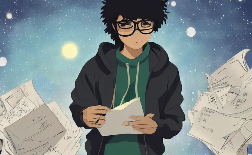 Prompt: a black haired teen! with glasses and a olive colored hoodie floating in the middle of the cosmos with papers floating around him by studio ghibli!, full body!!, dark lighting