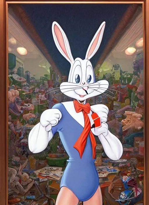 Image similar to portrait of bugs bunny in Society (1989), intricate, highly detailed, centered, solid color studio background, digital painting, artstation, concept art, smooth, sharp focus, illustration, artgerm, donato giancola, Joseph Christian Leyendecker, WLOP, Artgerm