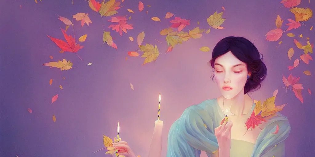 Image similar to highly detailed pastel colors of an ethereal moroccan beauty blowing a birthday candle, morphing into autumn leaves, by artgerm and hsiao - ron cheng, smooth composition, fine patterns and detail