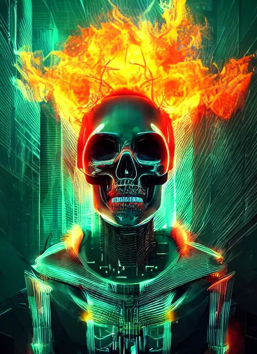 Image similar to a futuristic skull with glowing eyes and a flame fire background, cyberpunk art by android jones, behance contest winner, computer art, darksynth, synthwave, rendered in cinema 4 d