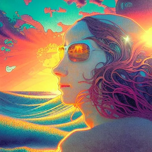 Image similar to ocean wave around giant psychedelic mushroom, lsd water, dmt droplets, backlit, sunset, refracted lighting, art by collier, albert aublet, krenz cushart, artem demura, alphonse mucha