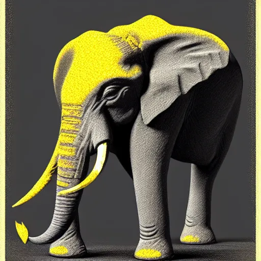 Image similar to a 1 bit grpahical render of an elephant with a golden sword in the background, 1 bit image.