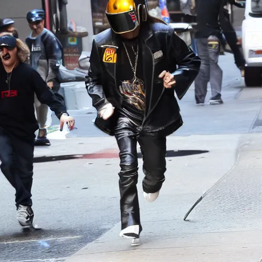 Image similar to kid rock wearing a daft punk helmet running after an ambulance in downtown new york city