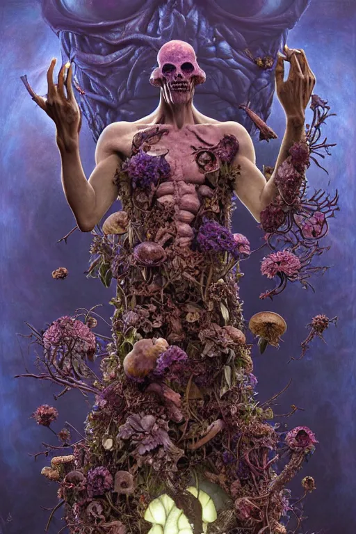 Image similar to the platonic ideal of flowers, rotting, insects, mushrooms and praying of cletus kasady ultimate carnage thanos dementor doctor manhattan chtulu nazgul davinci dalhi, detailed, intricate, hyperrealism, intense, scary, decay, dmt, art by brock hofer and artgerm and greg rutkowski and alphonse mucha