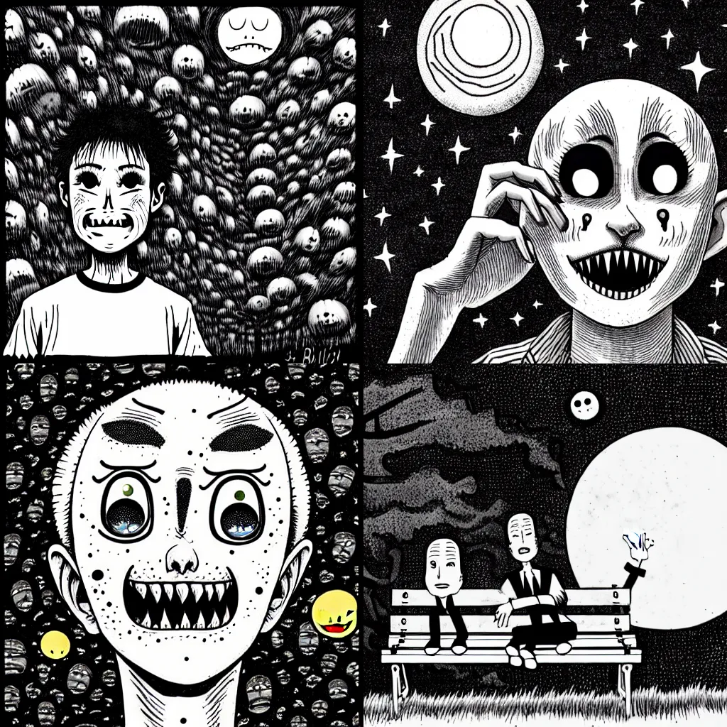 Prompt: in the style of Junji Ito:: a man sitting on a park bench smiling:: bushes with sweaty eyes:: a darkness descending:: fear horror disgust:: a broken moon