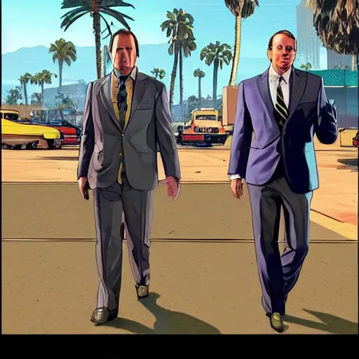 Image similar to Saul Goodman in GTA V . Los Santos in the background, palm trees. In the art style of Stephen Bliss.