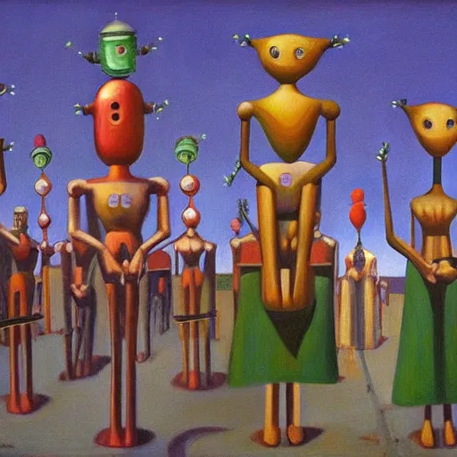 Image similar to robot druids in a grand processional, grant wood, pj crook, edward hopper, oil on canvas