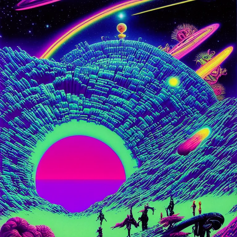 Image similar to edge of interstellar space, synthwave, bright neon colors, highly detailed, cinematic, tim white, philippe druillet, roger dean, aubrey beardsley, ernst haeckel, lisa frank, vladimir kush, kubrick, isono