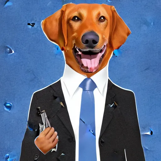 Prompt: a dog in a man's body wearing a business suit and pointing a gun, Digital art