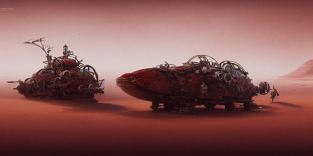 Prompt: steampunk hovercraft going at high speed across a red desert, trailing red sand, greg rutkowski, 8 k, shallow depth of field, intricate detail, concept art,