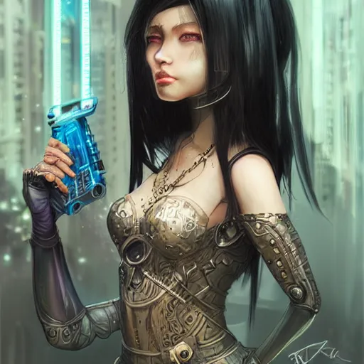 Image similar to teen elf, cyberpunk, black hair, gorgeous, amazing, elegant, intricate, highly detailed, digital painting, artstation, concept art, sharp focus, illustration, art by ross tran