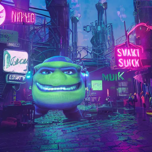 Image similar to Shrek, Louisiana, Swamp, Cyberpunk, Neon lights, City background, Ultradetailed, Cyborg, Futuristic, Far Future, Sci-fi, 4k