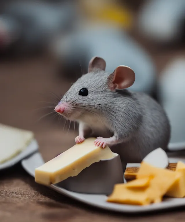 Image similar to high quality presentation photo of cute anthropomorphic grey mice eating cheese, photography 4k f1.8 anamorphic bokeh 4k Canon Nikon