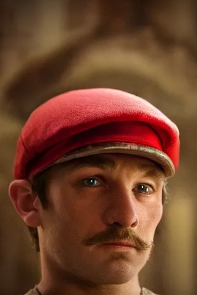 Image similar to “ very very intricate photorealistic photo of a realistic human version of super mario wearing his red cap in an episode of game of thrones, photo is in focus with detailed atmospheric lighting, award - winning details ”