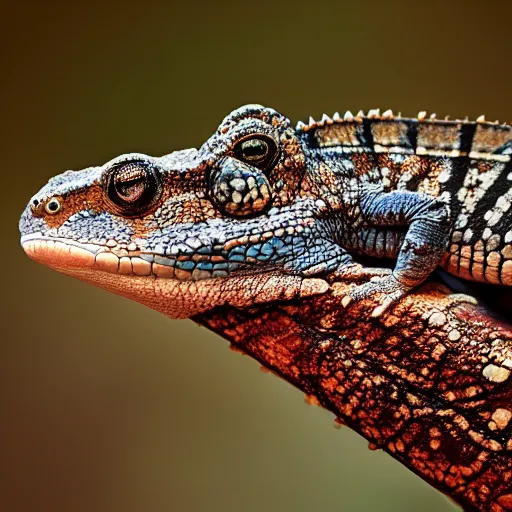 Prompt: An award winning photo of a single Tokay crocodile chameleon sitting on the back of an elephant, environmental portrait, wildlife photography, National Geographic, 4k